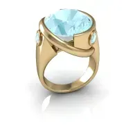 Gold ring with a light blue gemstone and small side stones on a white background