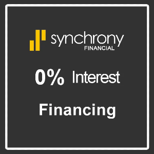 Synchrony Financial logo with “0% Interest Financing” on a dark background.