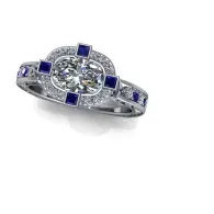 Silver ring with a central round gemstone and four square blue stones on the band