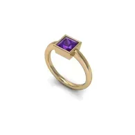 Gold ring with a square purple gemstone set in a an inlay setting