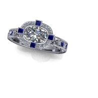 Silver ring with a round center gemstone and four blue square stones around the band