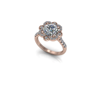 Rose gold flower-shaped diamond ring on a white background