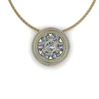 Gold necklace with a round silver pendant featuring a clear gemstone cluster