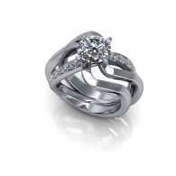 Silver ring with a round diamond and intertwined bands on a white background