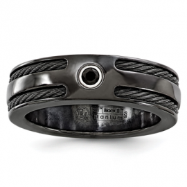 Black braided ring with a centered round gemstone on a white background