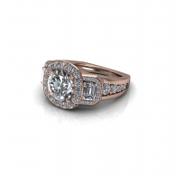 Rose gold diamond engagement ring with a round center stone and halo setting on a white background