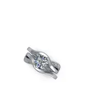 Silver engagement ring with a round diamond and twisted band on a white background