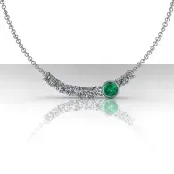Silver necklace with a curved, diamond-studded pendant and a green gemstone