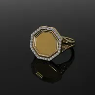 Octagonal gold ring with a diamond border on a dark reflective surface