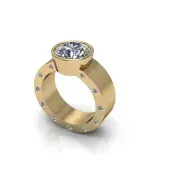 Gold ring with a large clear gemstone set on top, featuring small stud-like details around the band