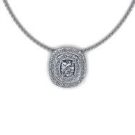 Silver necklace with a square, diamond-studded pendant on a white background