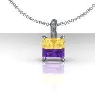 Purple and gold gemstone pendant necklace on a silver chain, centered on a white background