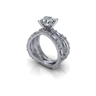 Diamond engagement ring set with a square-cut center stone and matching band on a white background