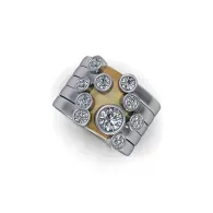 Silver ring with multiple round clear gemstones arranged in a cluster.