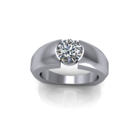 Silver ring with a round diamond solitaire on a white background