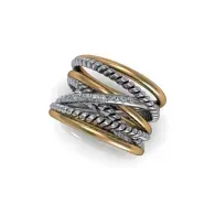 Stacked silver and gold woven rings on a white background