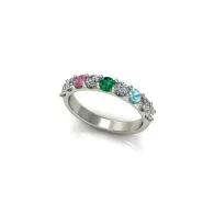 Silver ring with pink, green, and blue gemstones in a row