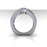 Silver ring with a round blue gemstone setting at the top on a white background