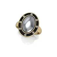 Gold ring with oval black and silver oval centerpiece surrounded by small stones