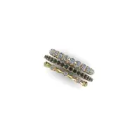 Stacked silver and gold beaded rings on a white background