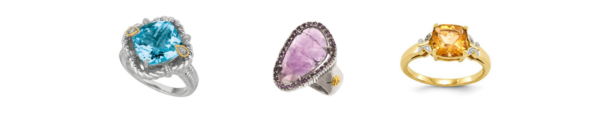 Three gemstone rings: blue oval, pink pear-shaped, and yellow round stones on white background