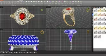 3D jewelry design software showing a red gemstone ring in multiple views on a dark grid workspace