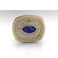Gold ring with oval blue gemstone and diamond-studded band