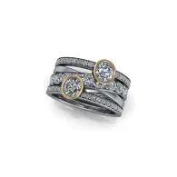 Silver multi-band diamond ring with two round bezel-set stones