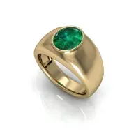 Gold ring with an oval green gemstone on a white background