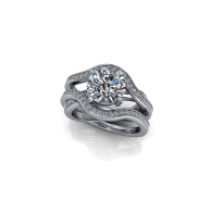Silver diamond engagement ring with a twisted band on a white background