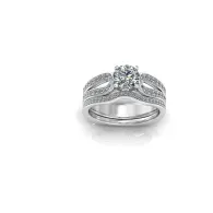 Silver wedding ring with diamond accents and a central floral cluster on a white background