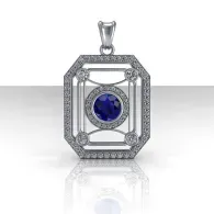 Silver octagonal pendant with a blue gemstone center on a white background