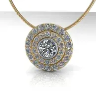 Gold circular diamond pendant necklace on a chain, with a central gemstone and halo of smaller stones