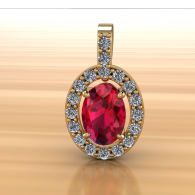Oval ruby pendant with diamond halo on a gold setting