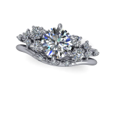 Silver floral diamond engagement ring with a large round center stone and smaller side stones