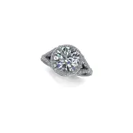 Diamond engagement ring with a round center stone and side accents on a white background