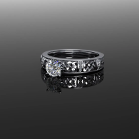 Diamond-studded silver ring on a glossy black surface