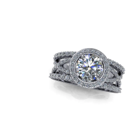 Silver braided ring set with a large round center stone and pavé accents on a white background