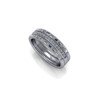 Silver gemstone-studded ring set, angled on a white background