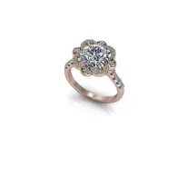 Rose gold ring with a floral diamond cluster setting on a white background