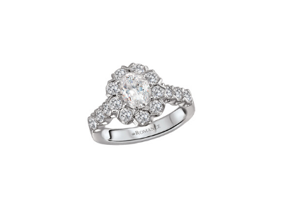 Silver diamond engagement ring with a large center stone and halo setting on a white background