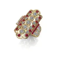 Gold ring with red and clear gemstones in a decorative cluster design
