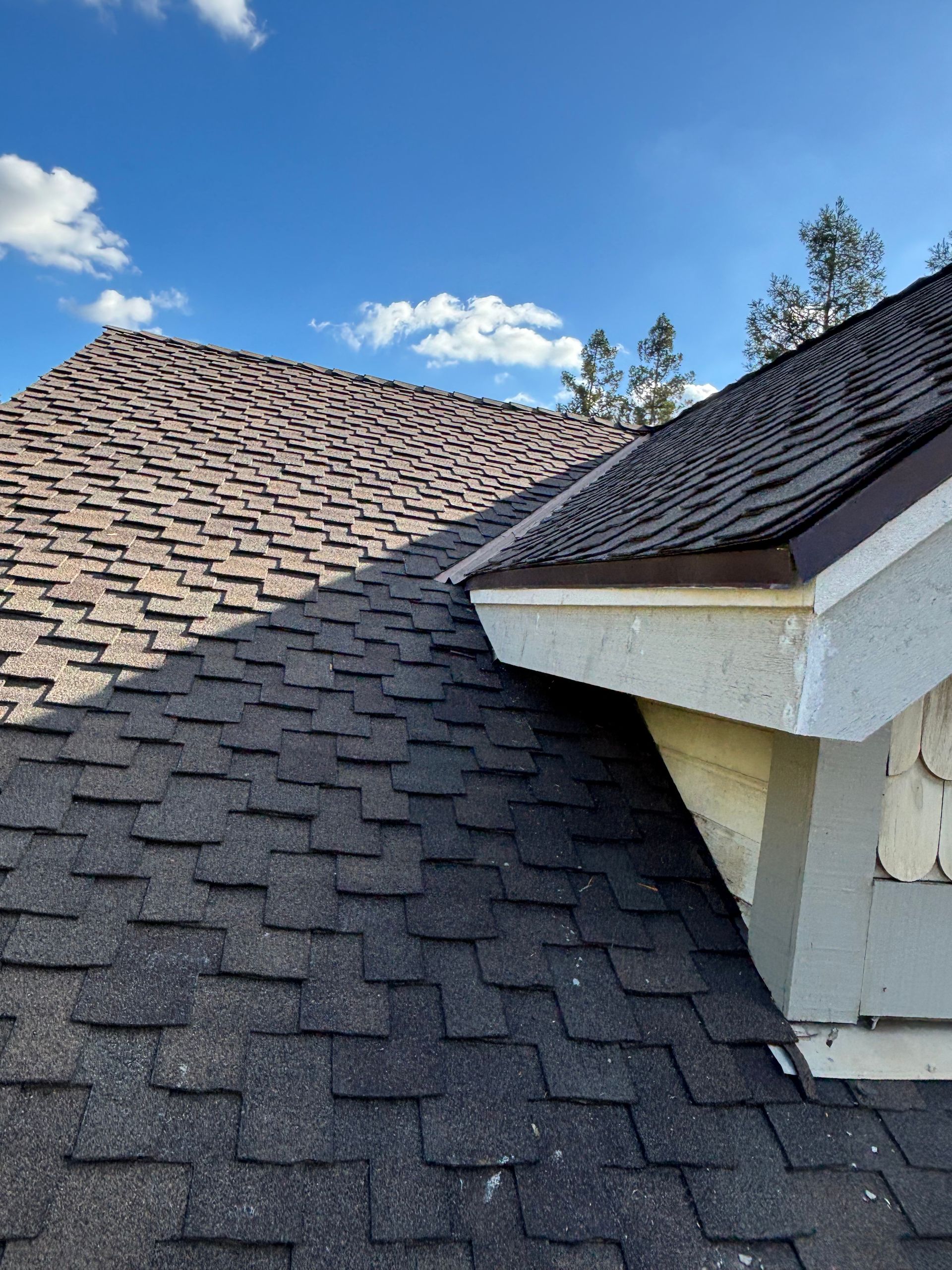 Residential roof with dark shingles and white trim under a blue sky.