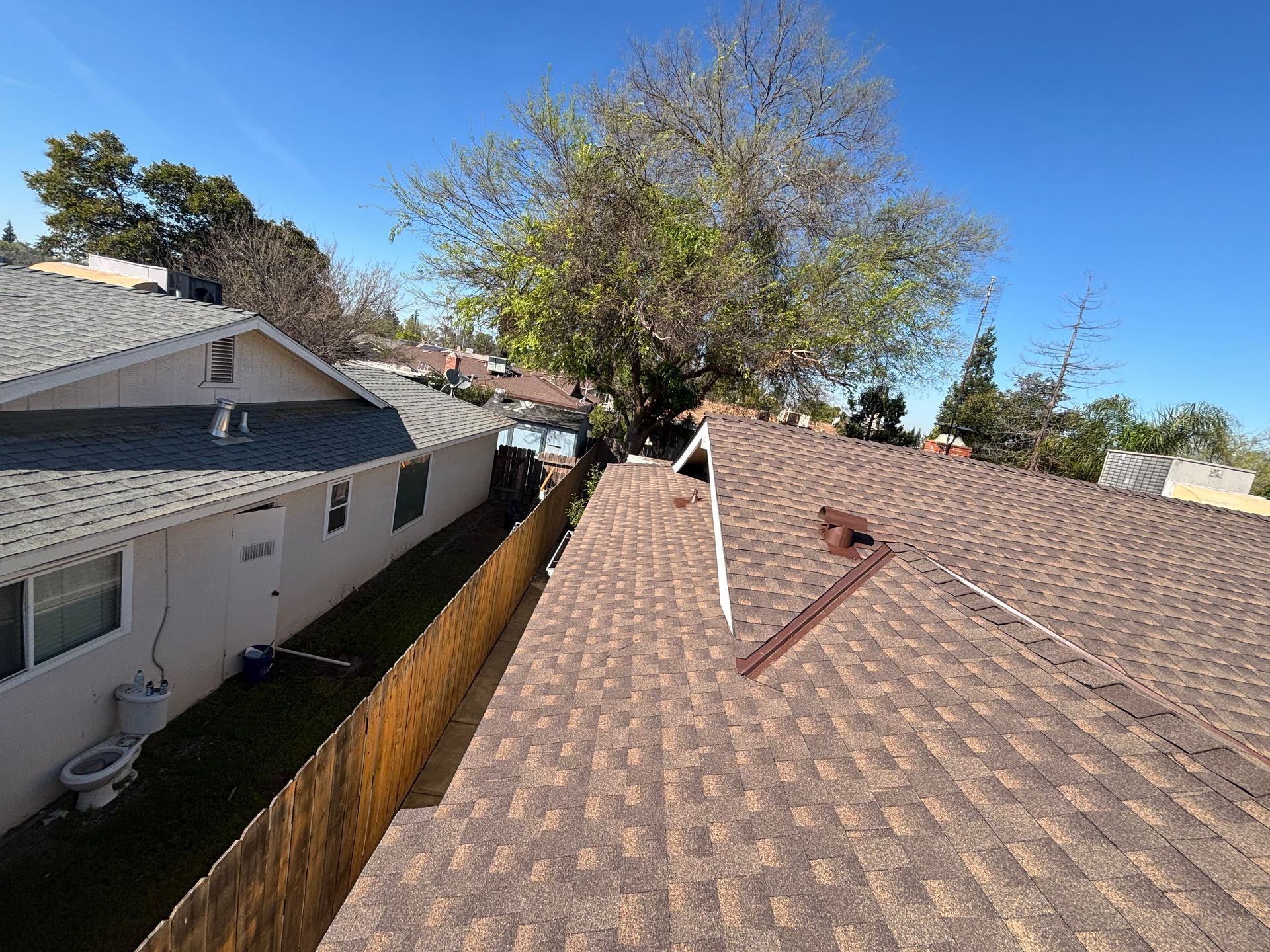 Rooftop with brown shingles, utility units, string lights, and a small dog under a bright blue sky.