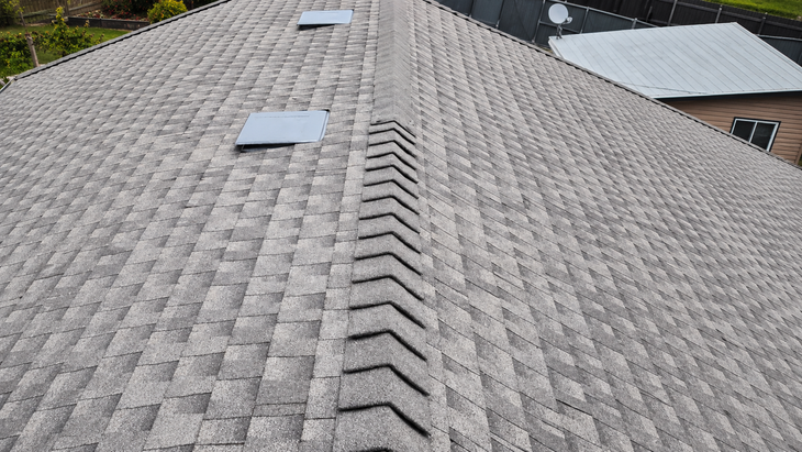 Gray shingled roof with two skylights and a central ridge vent