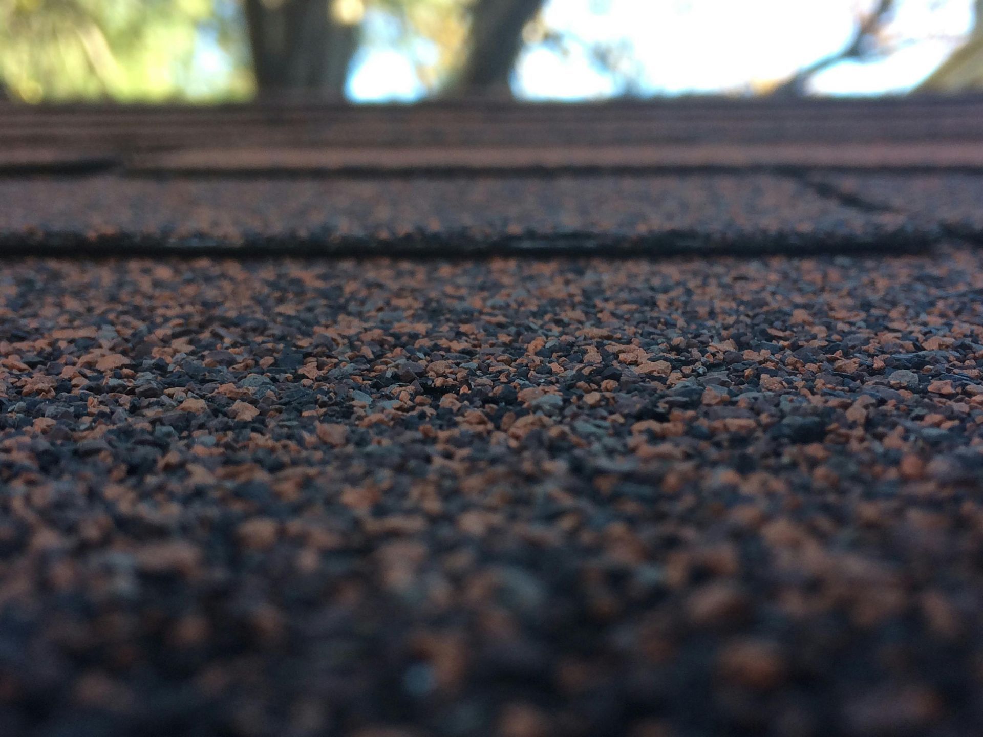 Close-up of rough asphalt shingles with a blurred roof edge in the background.