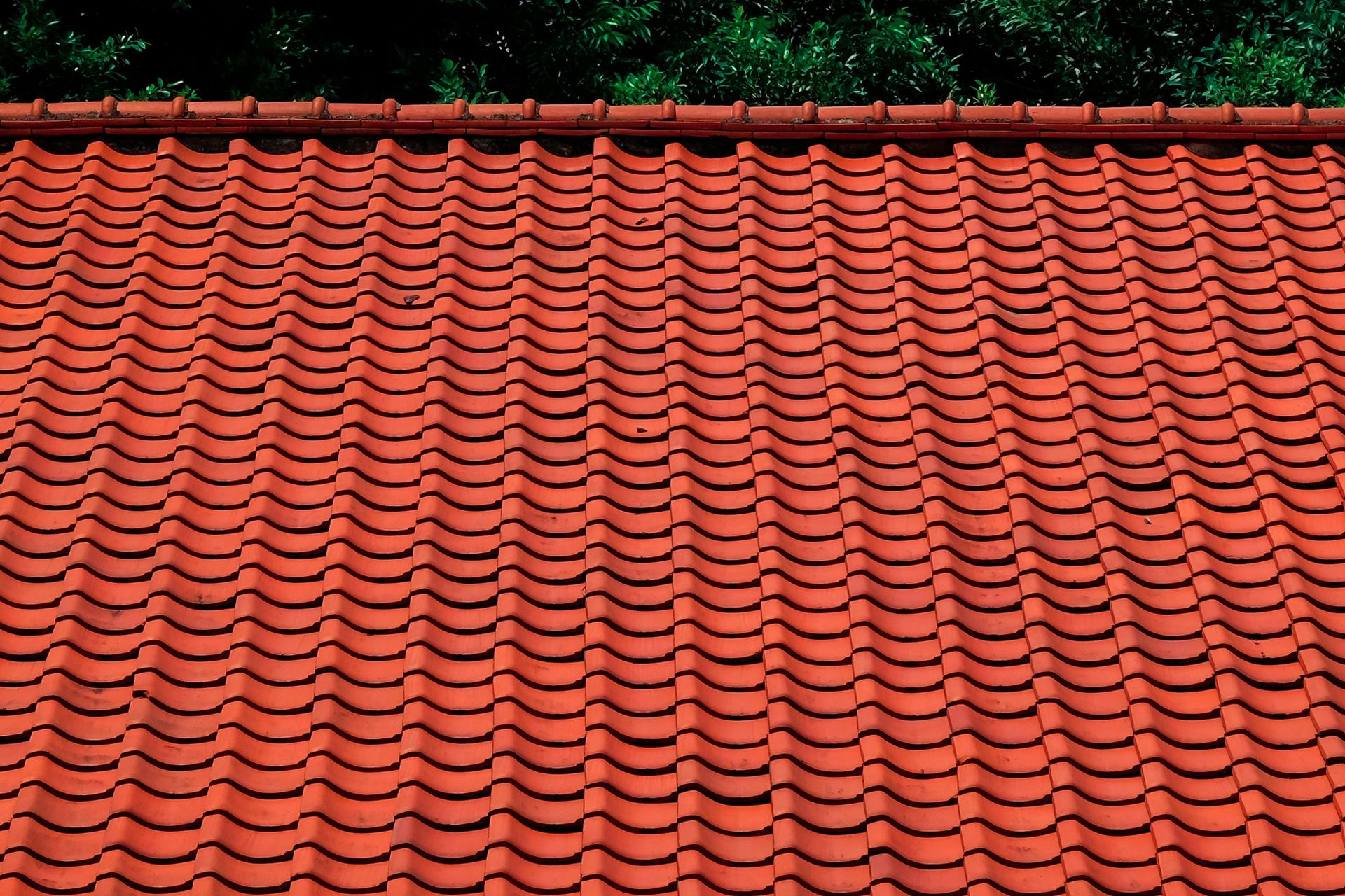 Red tiled roof with rows of curved terracotta shingles and a dark ridge line at the top
