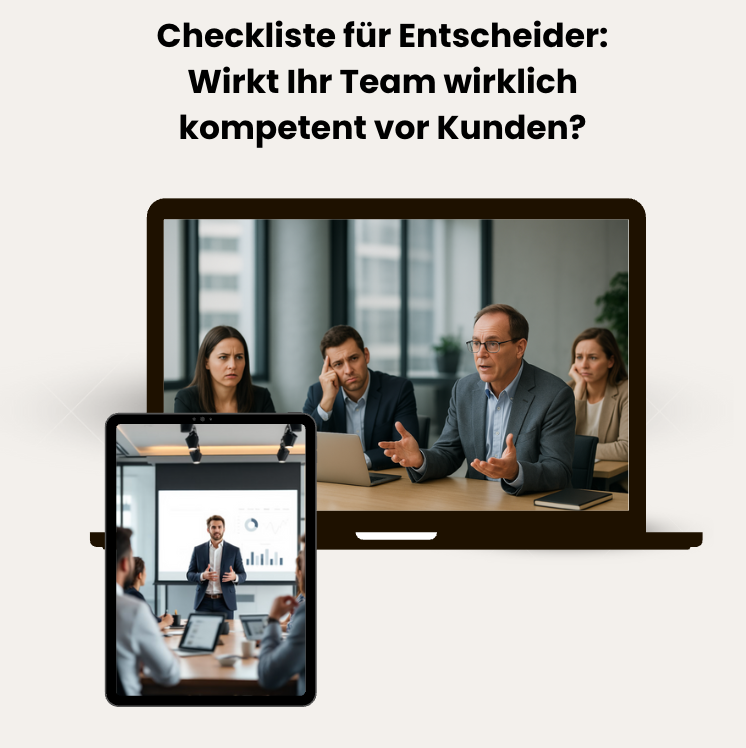 Laptop und Tablet zeigen Geschäftstreffen. Text: „Checkliste für Entscheider: Wirkt Ihr Team kompetent auf Kunden?“