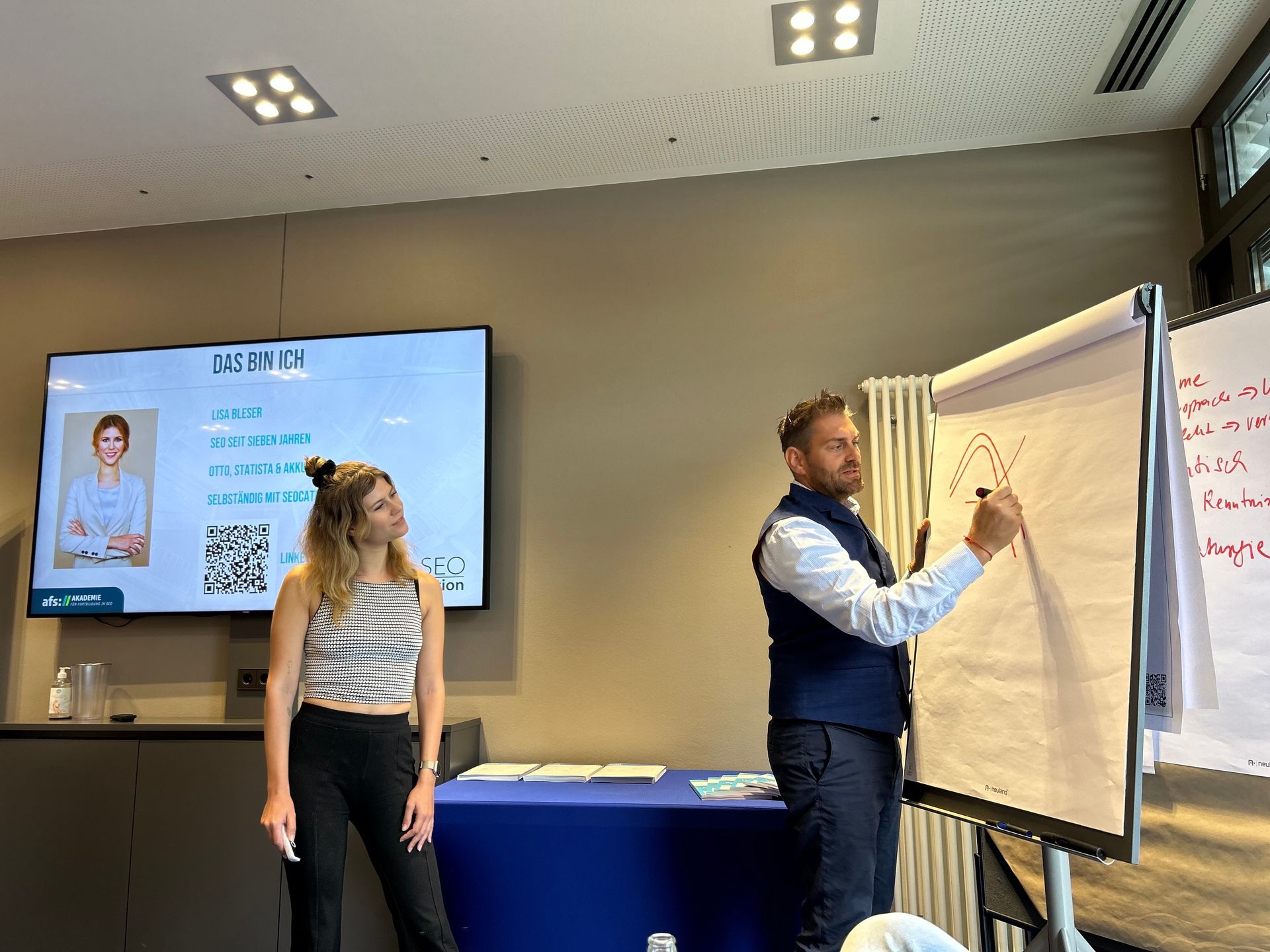 Mann zeichnet auf einem Flipchart, während eine Frau in einer Konferenzsituation zusieht.