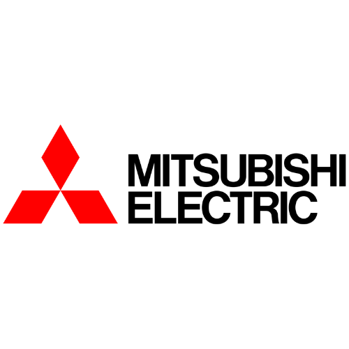 Mitsubishi Electric-Logo: rotes Drei-Diamanten-Symbol neben schwarzem Text auf weißem Hintergrund.